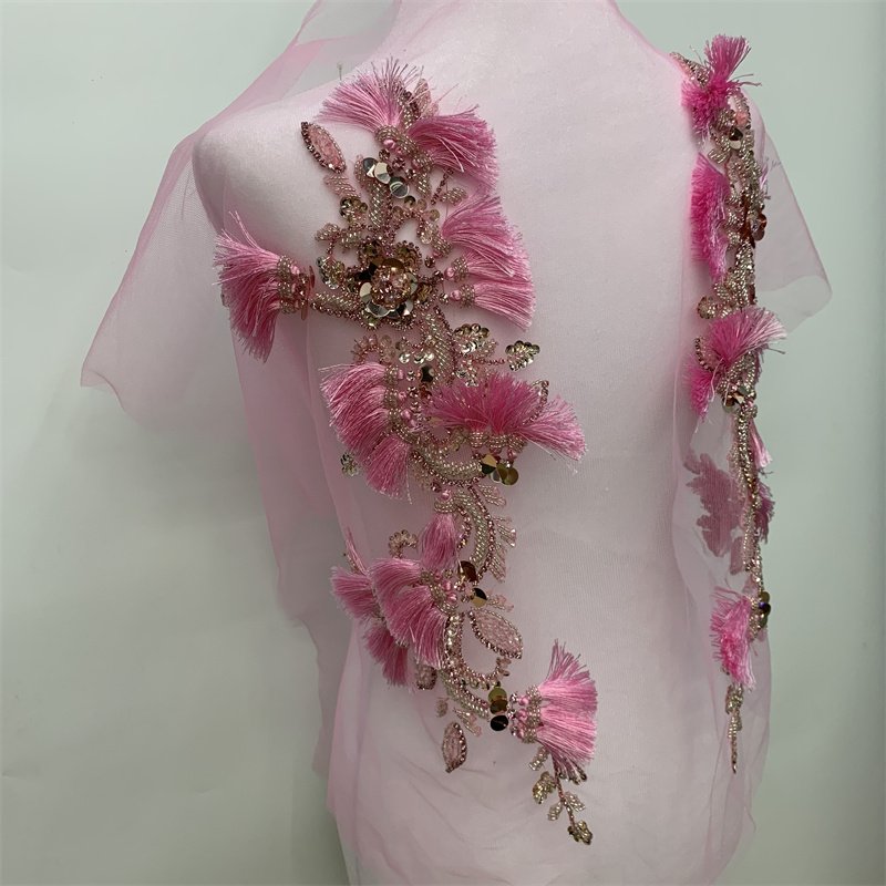 1 Pair Hand-Made Beaded Rhinestone DIY Clothing Appliques Patch,Wedding Dress Decoration,Silver Flower Applique