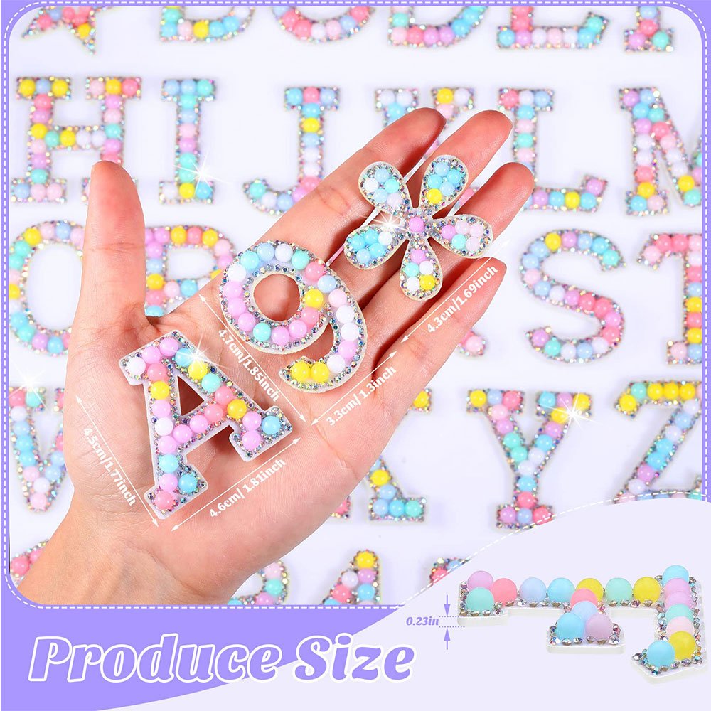 Colorful number pearl polyester iron on glitter beaded rhinestone alphabet letter patches for Clothes