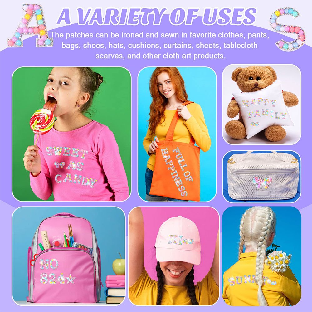 Colorful number pearl polyester iron on glitter beaded rhinestone alphabet letter patches for Clothes