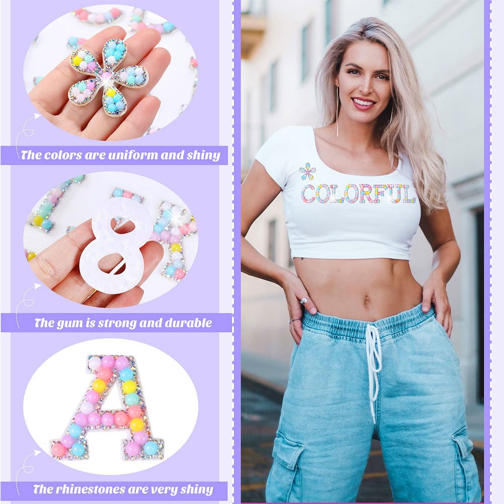 Colorful number pearl polyester iron on glitter beaded rhinestone alphabet letter patches for Clothes