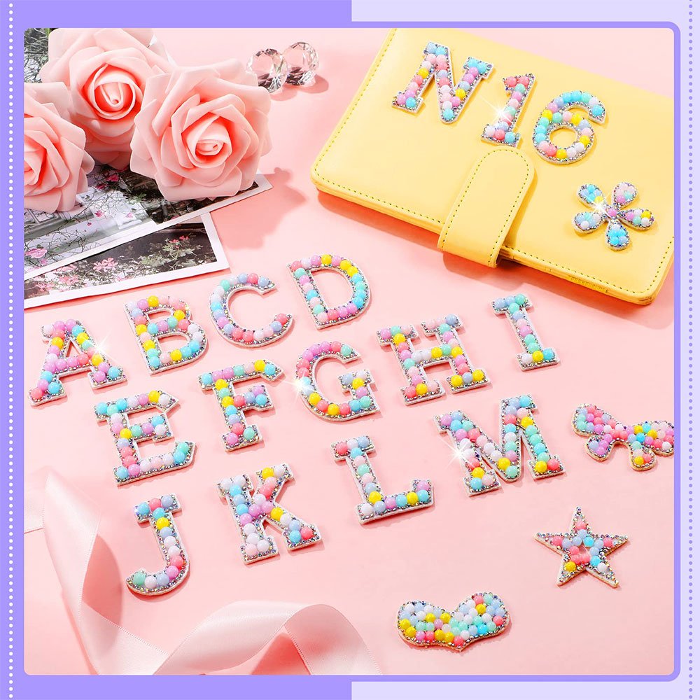 Colorful number pearl polyester iron on glitter beaded rhinestone alphabet letter patches for Clothes