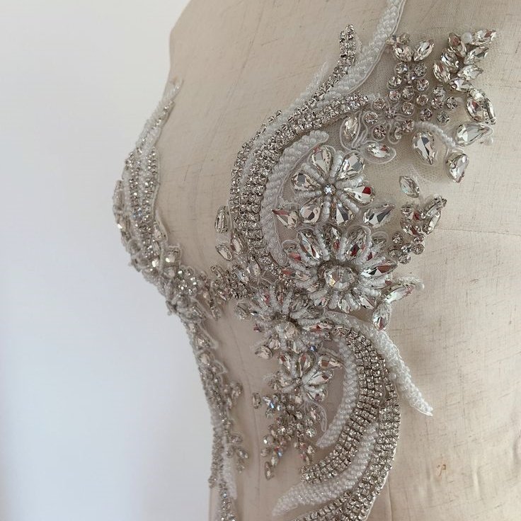 affinity emerald green rhinestone applique for dress, couture, dance costume, handcrafted rhinestone applique
