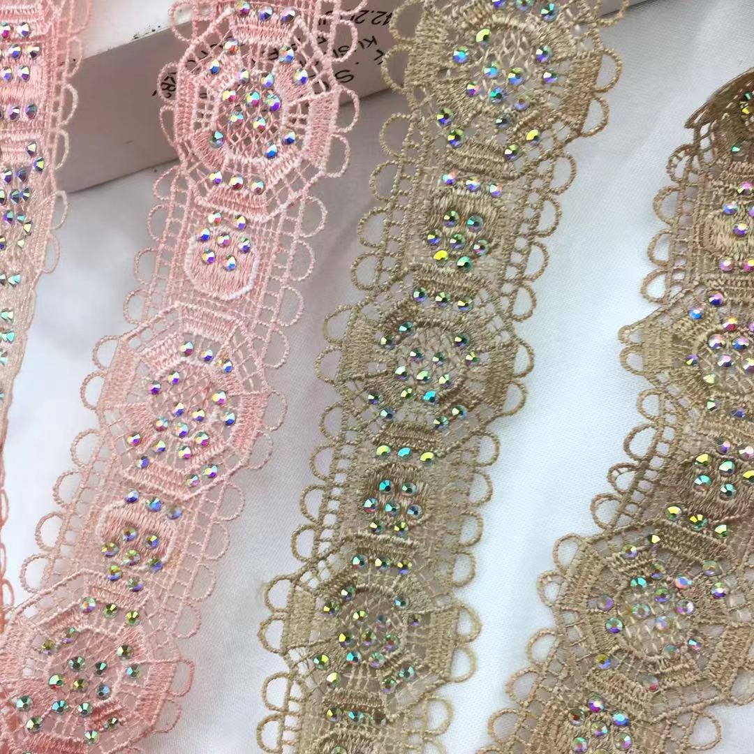 fashion crystal rhinestone beaded milky fiber polyester cotton tassel fringe Polyester Crochet White Crystal Embroidered