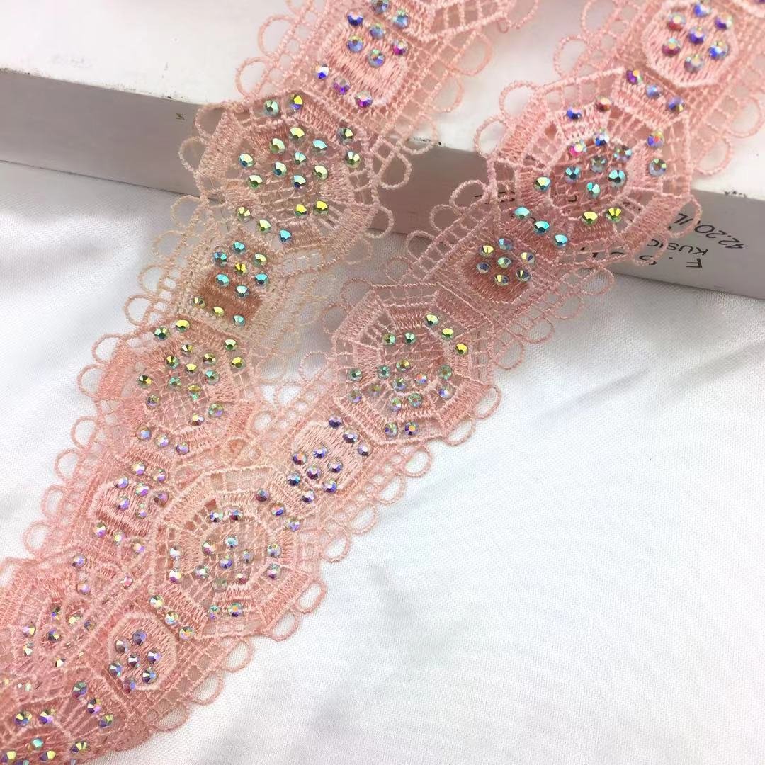 fashion crystal rhinestone beaded milky fiber polyester cotton tassel fringe Polyester Crochet White Crystal Embroidered