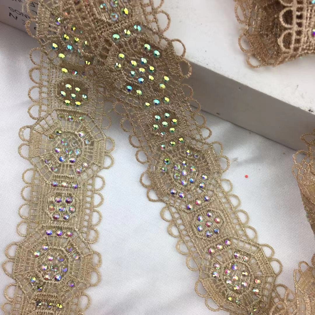 fashion crystal rhinestone beaded milky fiber polyester cotton tassel fringe Polyester Crochet White Crystal Embroidered