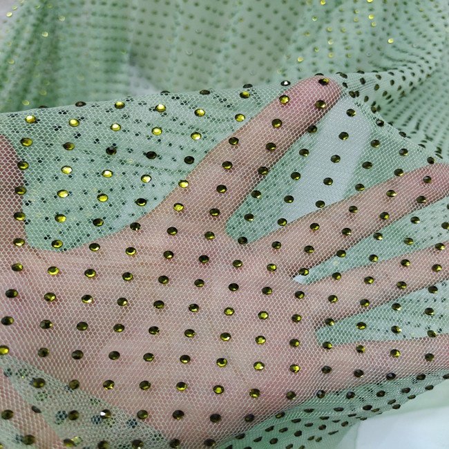 Crystal Fabric Palette 3mm 5mm High Quality Peridot Green Crystal Rhinestone Polyester Tulle Net Fabric Textile