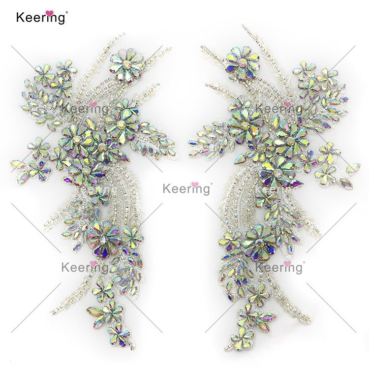 WDP-296 Keering 30*19cm Single Side Green AB Crystal Panel Patch Rhinestone Shoulder Appliques