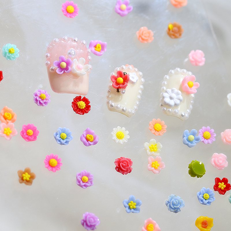 Fashion Mixed Mini 6mm Flatback Resin Flower Nail Charms Colorful Floral Diy Nail Art Resin Rhinestone