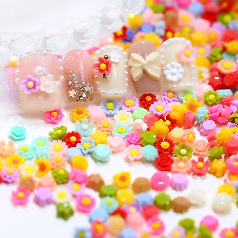 Fashion Mixed Mini 6mm Flatback Resin Flower Nail Charms Colorful Floral Diy Nail Art Resin Rhinestone