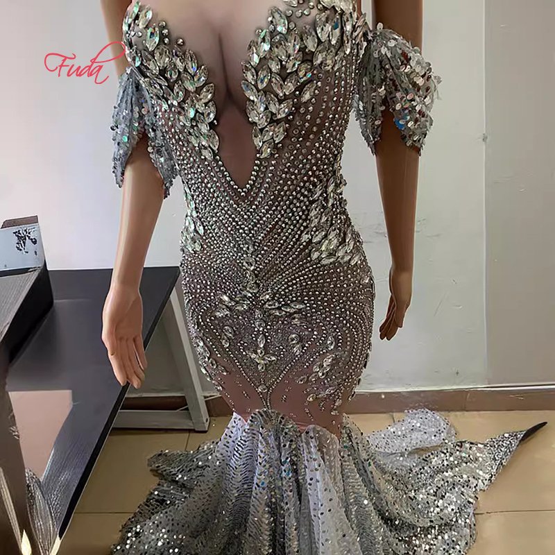 FUDA D4 White Sequins Dance Dress Evening Dress Women Luxury Silver Rhinestone Wedding Dress