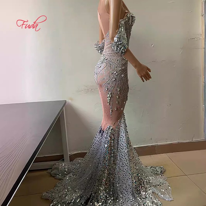 FUDA D4 White Sequins Dance Dress Evening Dress Women Luxury Silver Rhinestone Wedding Dress