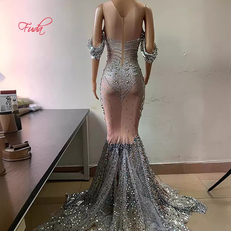 FUDA D4 White Sequins Dance Dress Evening Dress Women Luxury Silver Rhinestone Wedding Dress