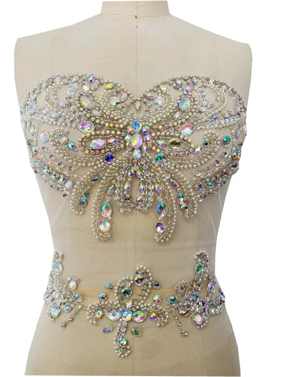 Super Flash Pure Hand-Sewn Rhinestone Applique Wedding Dress Accessories Front Diamond Ornaments