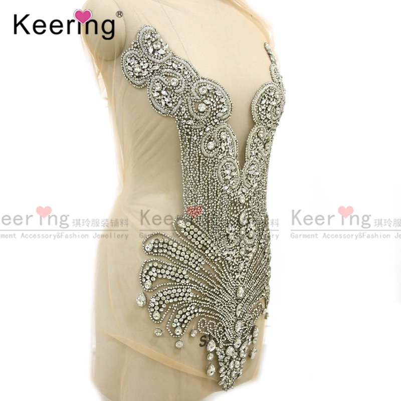 Newest crystal bridal applique bodice rhinestone applique dresses sewing on wedding fabric WDP-245-1