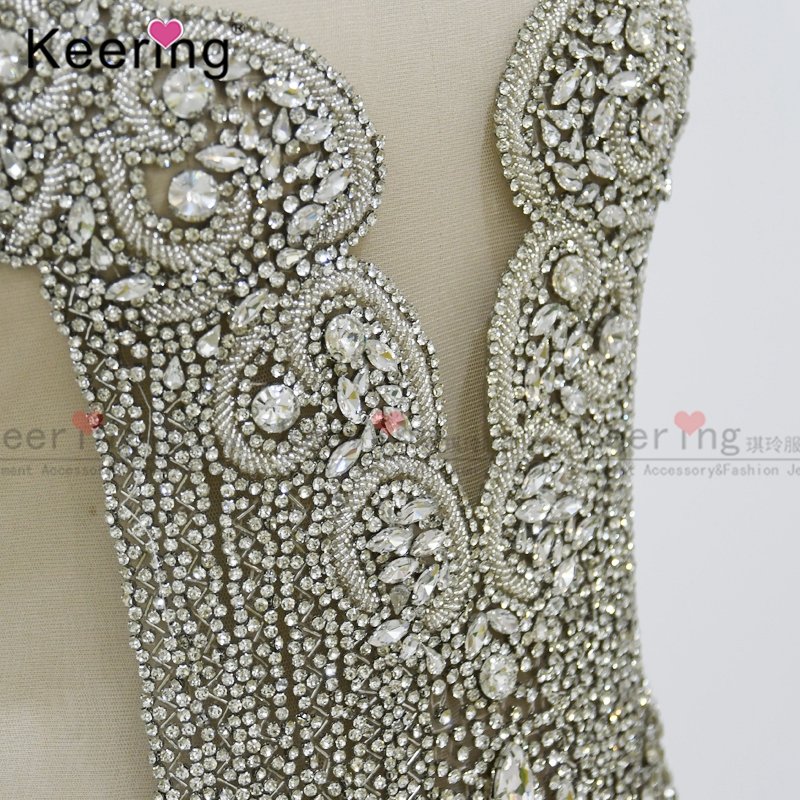 Newest crystal bridal applique bodice rhinestone applique dresses sewing on wedding fabric WDP-245-1