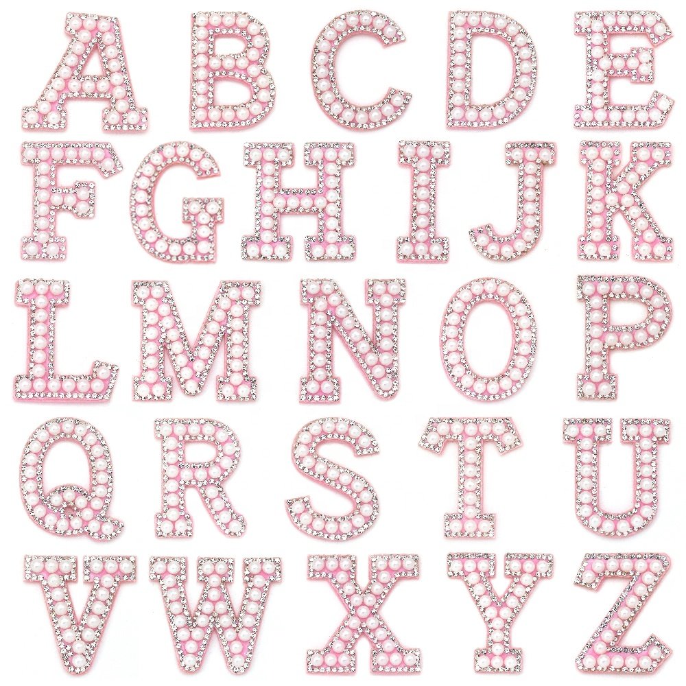 New Pink Bottom Pearl Letter Patches English Alphabet Rhinestone Patch Applique For Clothes Iron On Patches Stripe Badge DIYN