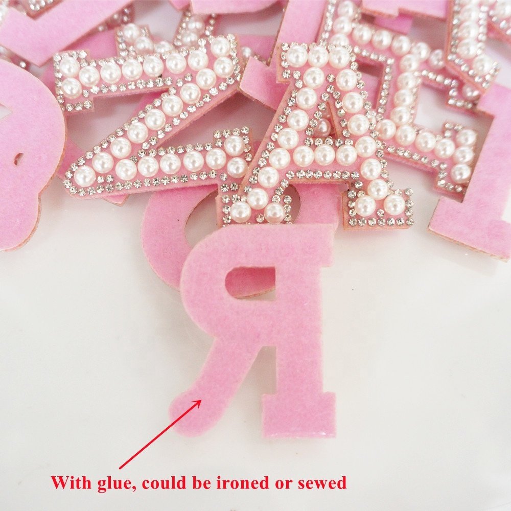 New Pink Bottom Pearl Letter Patches English Alphabet Rhinestone Patch Applique For Clothes Iron On Patches Stripe Badge DIYN