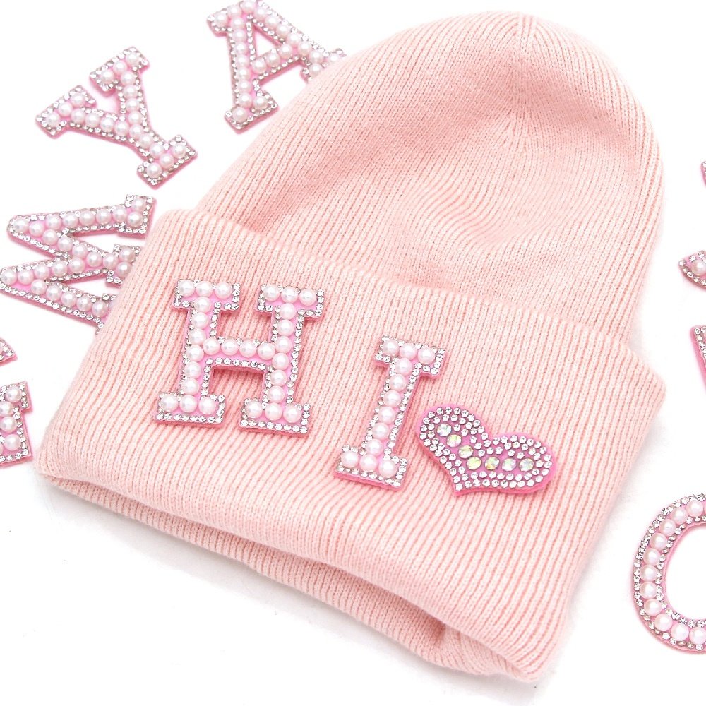 New Pink Bottom Pearl Letter Patches English Alphabet Rhinestone Patch Applique For Clothes Iron On Patches Stripe Badge DIYN