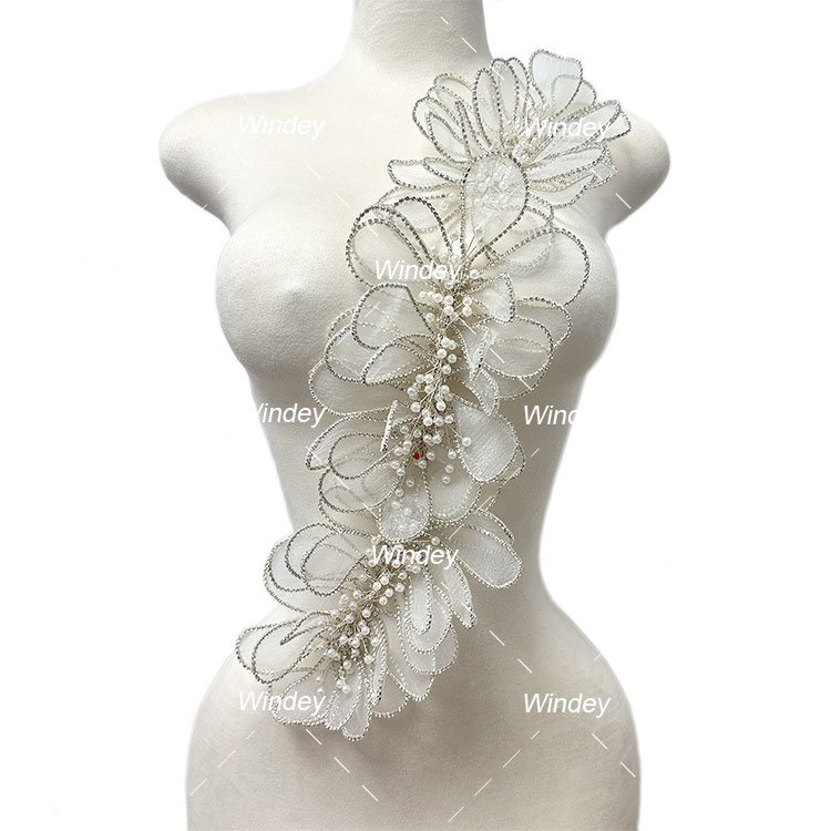 3D Wire Flora Bridesmaid Gown Wedding Engagement Evening Crystal Bodice Dress Patch Panels Rhinestone Flower Applique