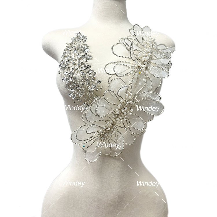 3D Wire Flora Bridesmaid Gown Wedding Engagement Evening Crystal Bodice Dress Patch Panels Rhinestone Flower Applique