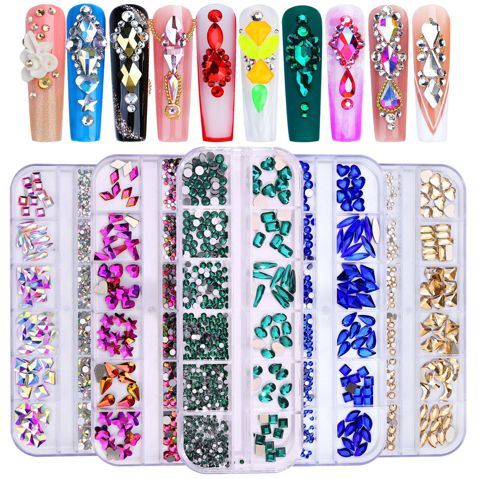 Hot Selling Flatback Nail Art Rhinestones 3d Glass Mixed Shape Heart Stones Box Ab Diamond Nail Crystal Sets For Nails