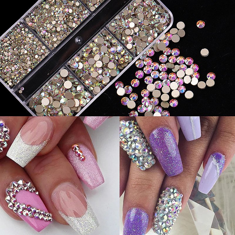 6 Girds Box Packing Shiny 3D Diamonds with Flat Bottom DIY Nail Crystals ABS Rhinestones Round Beads Mixed Sizes for Party
