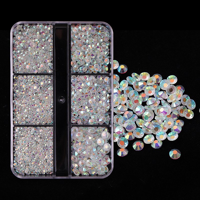 6 Girds Box Packing Shiny 3D Diamonds with Flat Bottom DIY Nail Crystals ABS Rhinestones Round Beads Mixed Sizes for Party