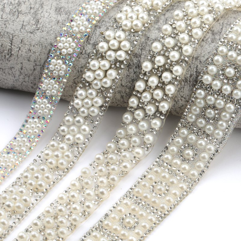1yard Abs Round Pearl Beads Trim Rhinestone Decoration Sewing Trim Crystal Hot Fix Rhinestone With Iron On Appliques For Dress