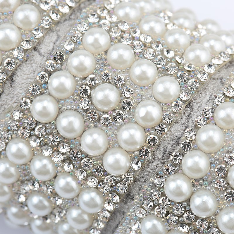 1yard Abs Round Pearl Beads Trim Rhinestone Decoration Sewing Trim Crystal Hot Fix Rhinestone With Iron On Appliques For Dress