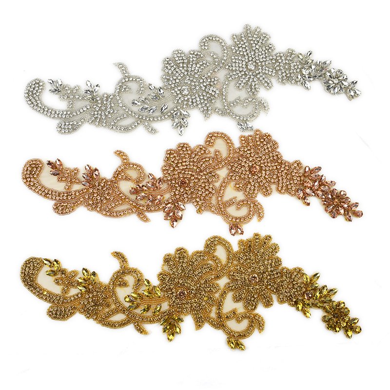 WRA-1006 Keering Handmade Iron On Patches Beautiful Rhinestone Beaded Appliques For Wedding Dresses