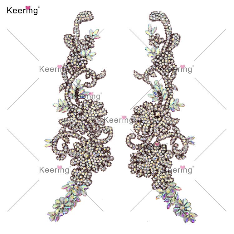 WRA-1006 Keering Handmade Iron On Patches Beautiful Rhinestone Beaded Appliques For Wedding Dresses