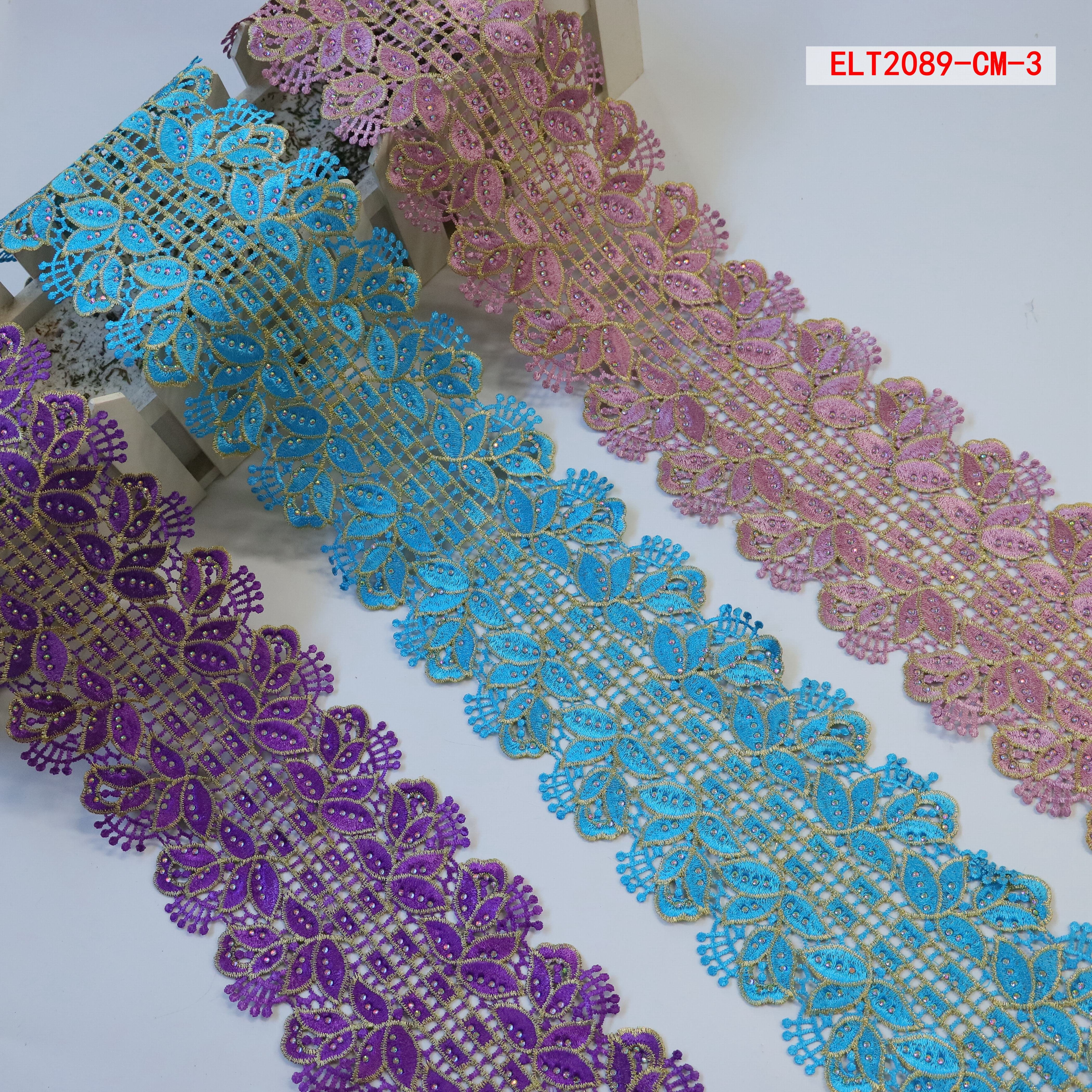 Ribete de encaje shiny crystal rhinestone beaded metallic embroidery border lace trim