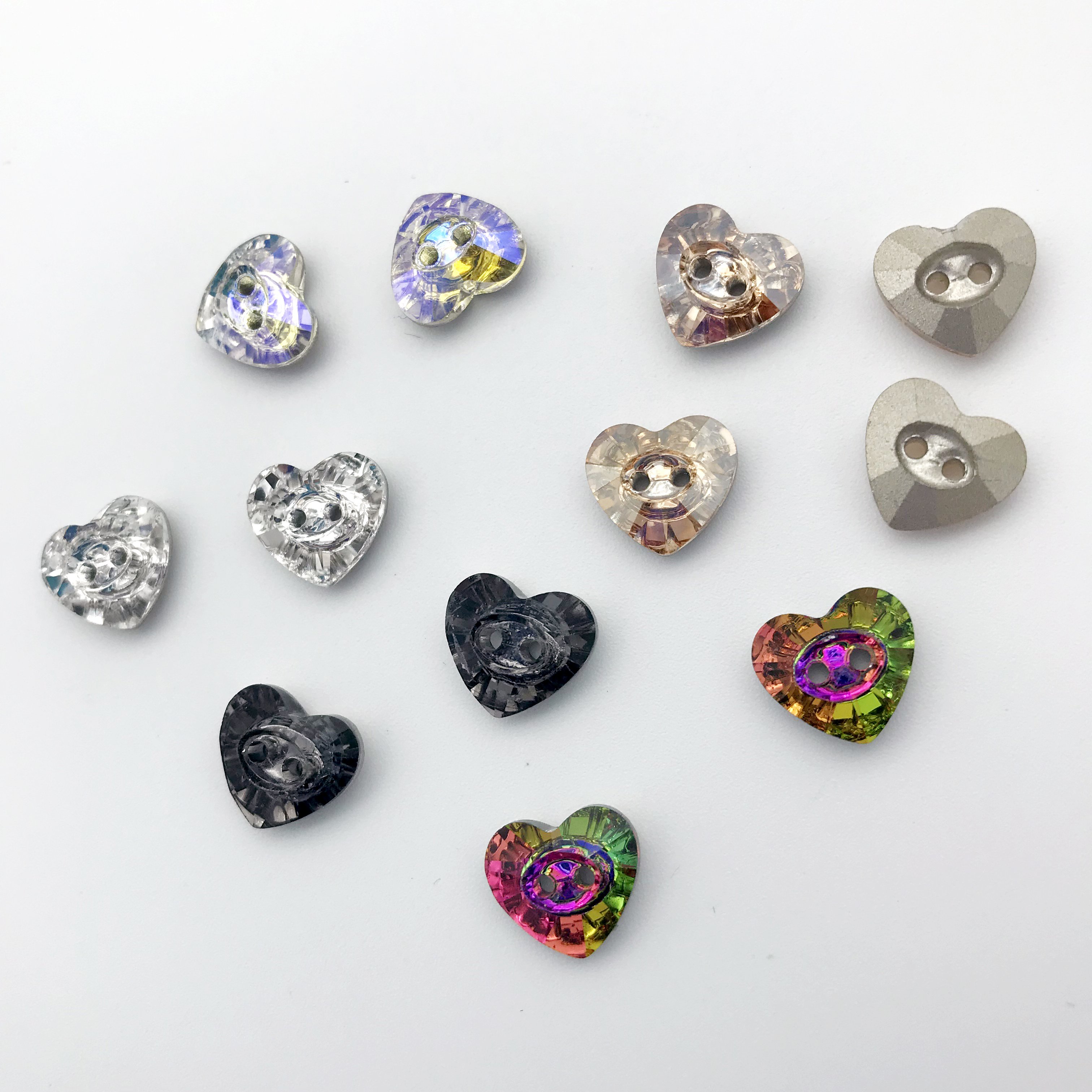 11mm fancy flat two holes crystal heart shape rhinestone buttons for clothing