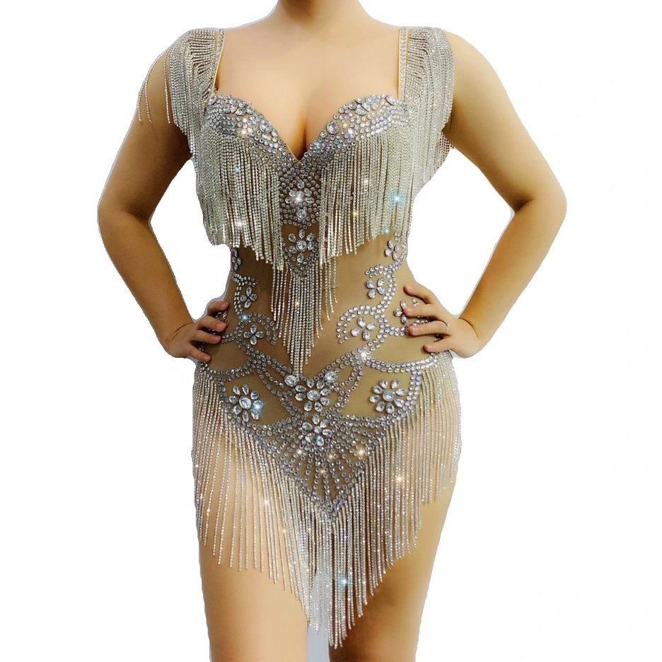 Sparkly Silver Rhinestone Fringe Transparent Bodysuit Women Dancer Show Celebrate Prom Bar Birthday Outfit