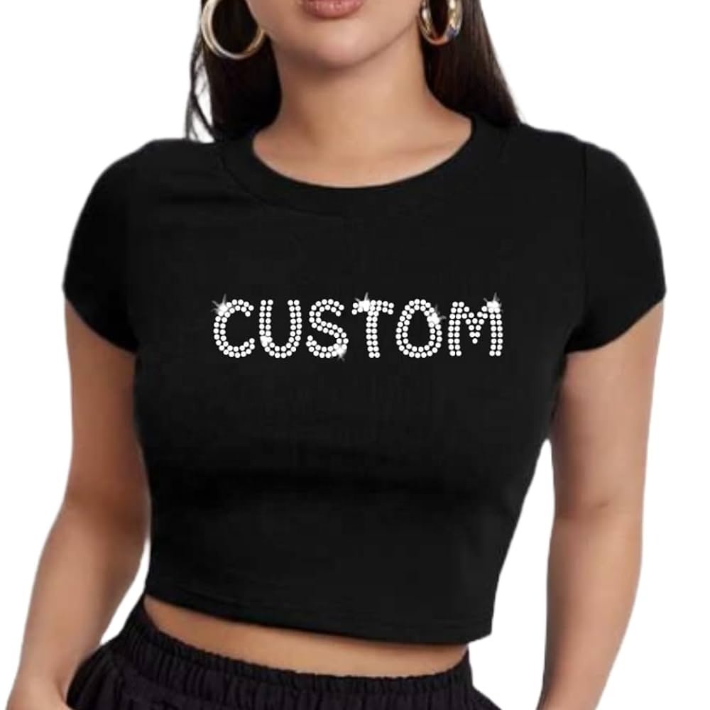 Custom Bling Crystal Logo Streetwear Summer Shiny Rhinestone Graphic Baby Tee Hot fix Rhinestone Cotton Crop Top for Women