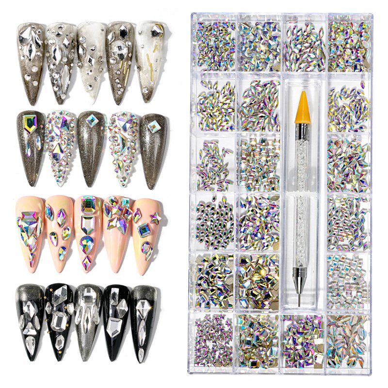 New Crystal AB Rainbow colour bulk rhinestones for nail art charm decorations box 3D acrylic nail rhinestones decoration