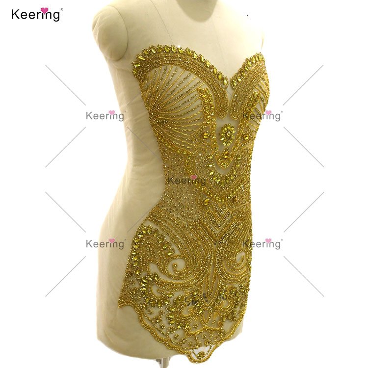 WDP-469 Keering Gold Bodice Rhinestone Applique Front And Back Crystal Body Patches For Sewing
