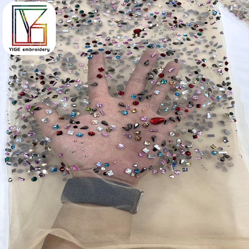 luxury rhinestone mesh net fabric for wedding stage gown colorful crystal stone handmade tulle fabric swarovski crystal lace