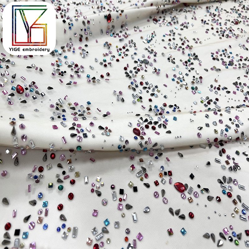 luxury rhinestone mesh net fabric for wedding stage gown colorful crystal stone handmade tulle fabric swarovski crystal lace