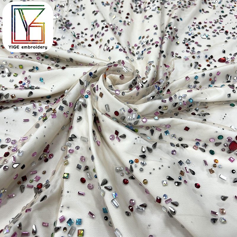 luxury rhinestone mesh net fabric for wedding stage gown colorful crystal stone handmade tulle fabric swarovski crystal lace