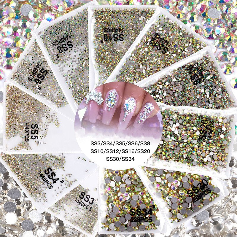 Hot Sale SS3-SS34 1440Pcs Flat Bottom Nail Rhinestone AB Transparent Nail Art Rhinestones 3D Glass Nail Art Rhinestone