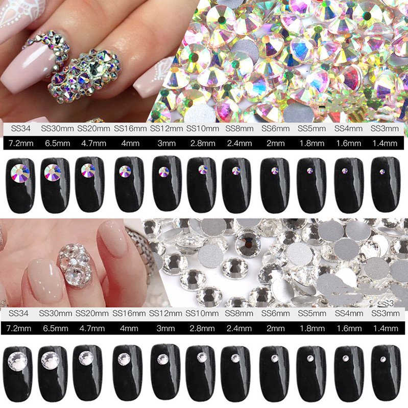 Hot Sale SS3-SS34 1440Pcs Flat Bottom Nail Rhinestone AB Transparent Nail Art Rhinestones 3D Glass Nail Art Rhinestone