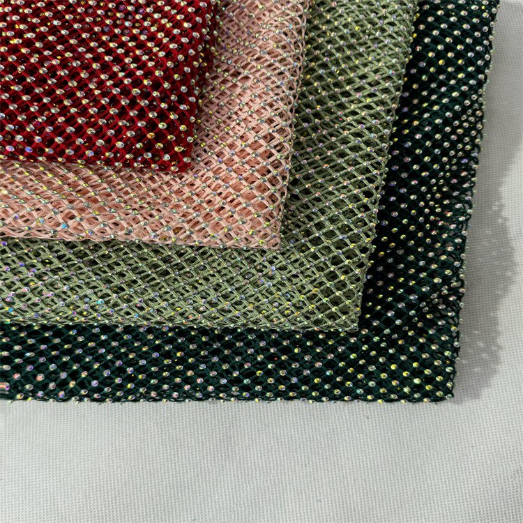 Low MOQ Custom Great Stretch Fish net mesh Fabric Sparkle Hollow Out Diamond AB Iridescent Crystal Rhinestone Fabric By The Yard