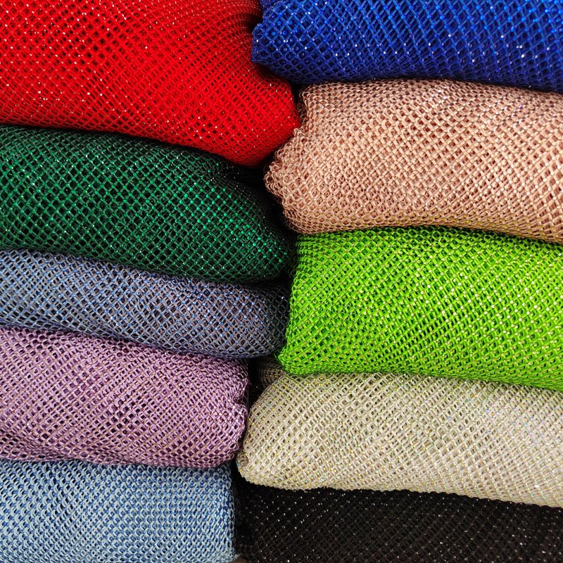 Low MOQ Custom Great Stretch Fish net mesh Fabric Sparkle Hollow Out Diamond AB Iridescent Crystal Rhinestone Fabric By The Yard