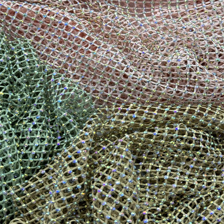 Low MOQ Custom Great Stretch Fish net mesh Fabric Sparkle Hollow Out Diamond AB Iridescent Crystal Rhinestone Fabric By The Yard