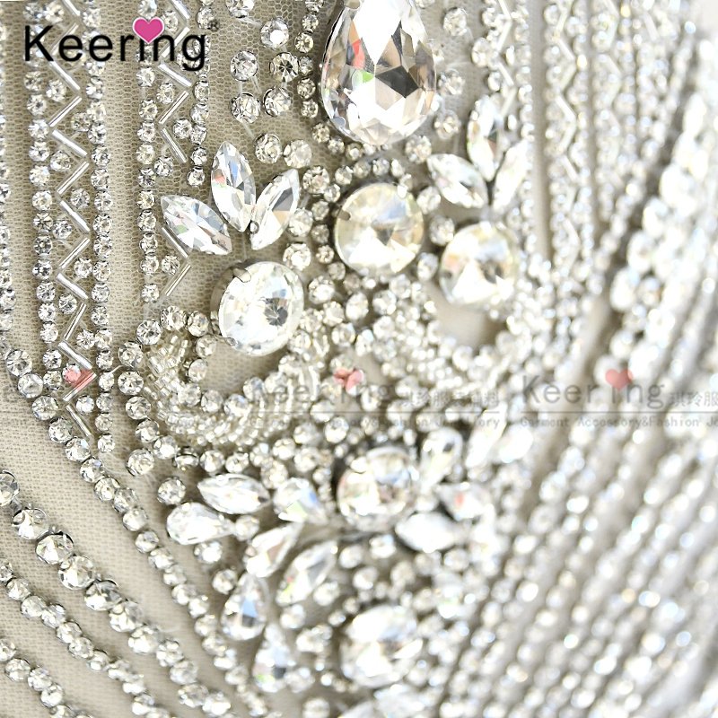 Keering Store Colorful Sewing Lady Girl Prom Dress Shaped Crystal Stone 2022 New Arrival Sexy AB Rhinestone Bodice Applique