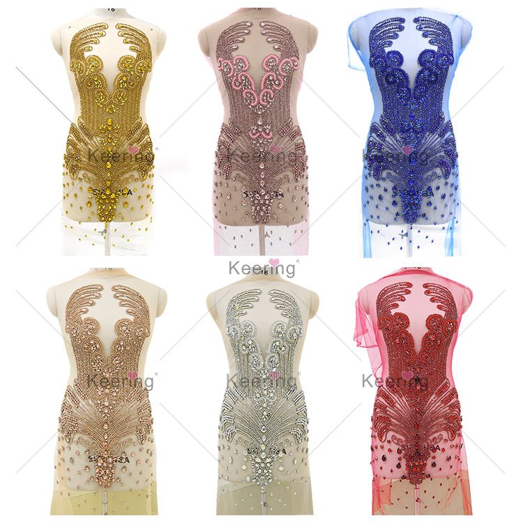 Keering Store Colorful Sewing Lady Girl Prom Dress Shaped Crystal Stone 2022 New Arrival Sexy AB Rhinestone Bodice Applique