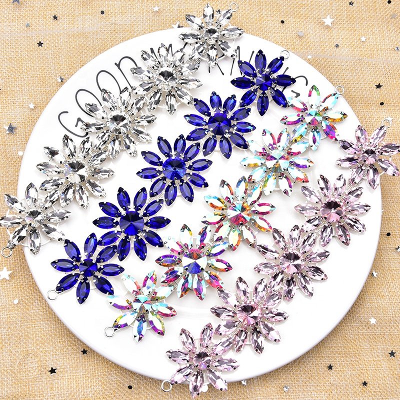 New Glass Rhinestone Flower Applique Bridal Belt Patches Crystal AB In Silver Metal Base DIY Wedding Dress Decoration Shoulder
