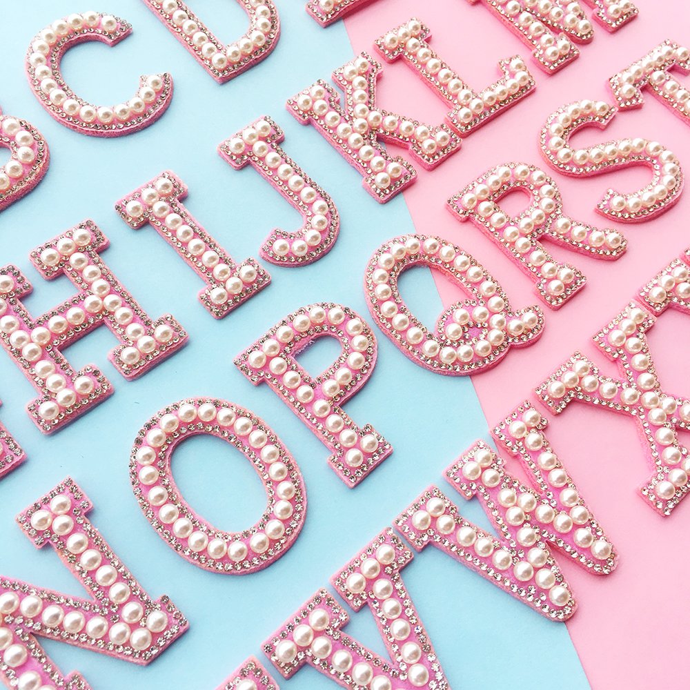 Wholesale A-Z Pink Pearl iron on patches letters Rhinestone Applique beaded patch Stripe Badge DIY pearl varsity letter patch