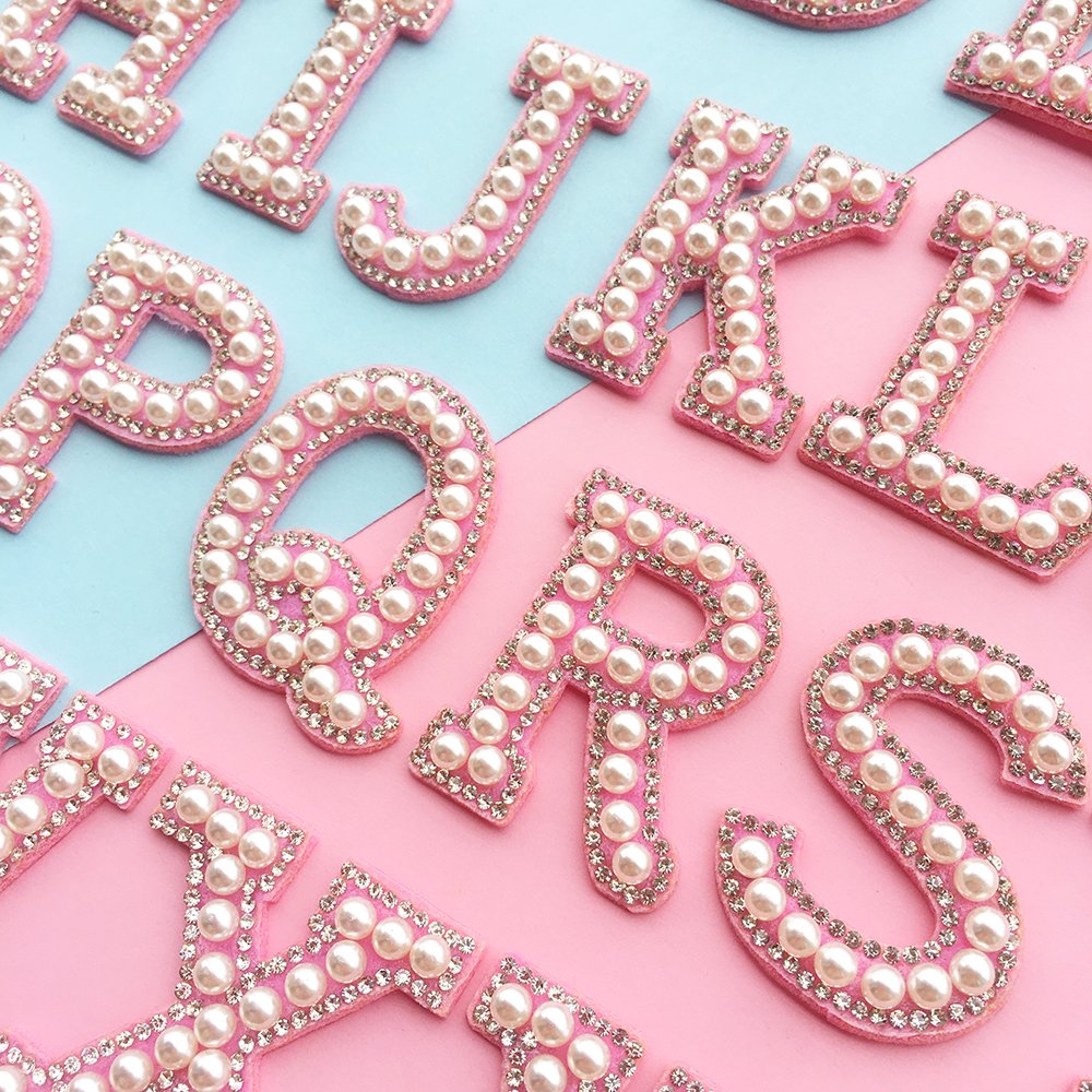 Wholesale A-Z Pink Pearl iron on patches letters Rhinestone Applique beaded patch Stripe Badge DIY pearl varsity letter patch